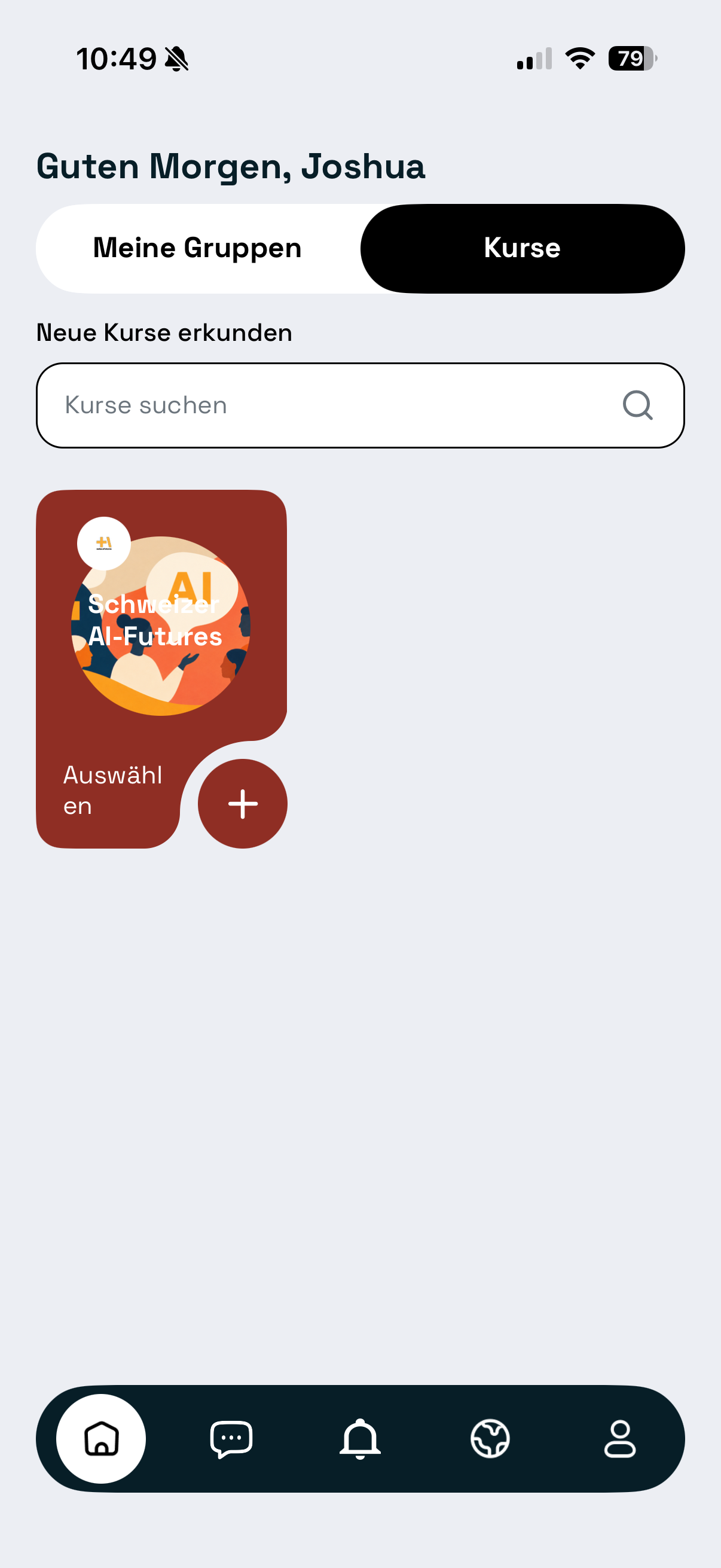 Atgora Courses tab showing the Schweizer AI-Futures course card