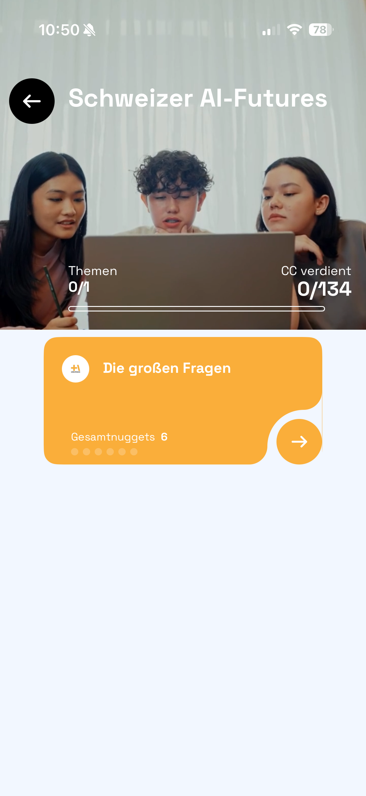 Swiss AI Futures course page showing the main topic card