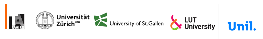 Partner institution logos: TA-SWISS, University of Zurich, ETH Zurich, University of St.Gallen, LUT University, and UniL